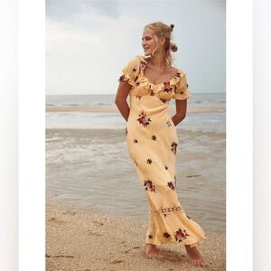 Free People floral embroidered puff sleeve maxi dress in yellow,Size Large, $268